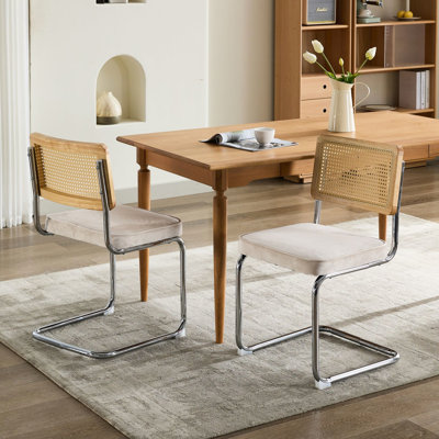 Beige Velvet Dining Chairs Of 2, Back For Airflow Base Stability And Support Mid Century Modern With Hand-Woven Double Base, Upholstered Room, Stron