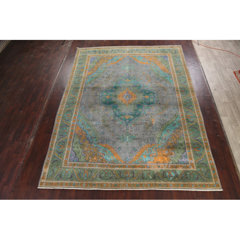 Tapis unique en laine noué à la main de style années 1950 de 9 pi 10 po x 12 pi 10 po bleu / vert / orange