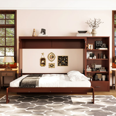 Grand lit escamotable avec compartiments de rangement à hauteur réglable et tablette, cadre de lit mural avec 1 tiroir, lit plateforme pliable multifonctionnel pour petit espace, chambre à coucher, chambre d'amis