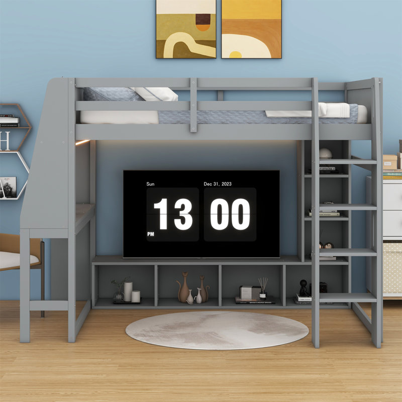 Lit mezzanine en bois avec bureau, étagères à rangement multiples, DEL et portemanteau suspendu