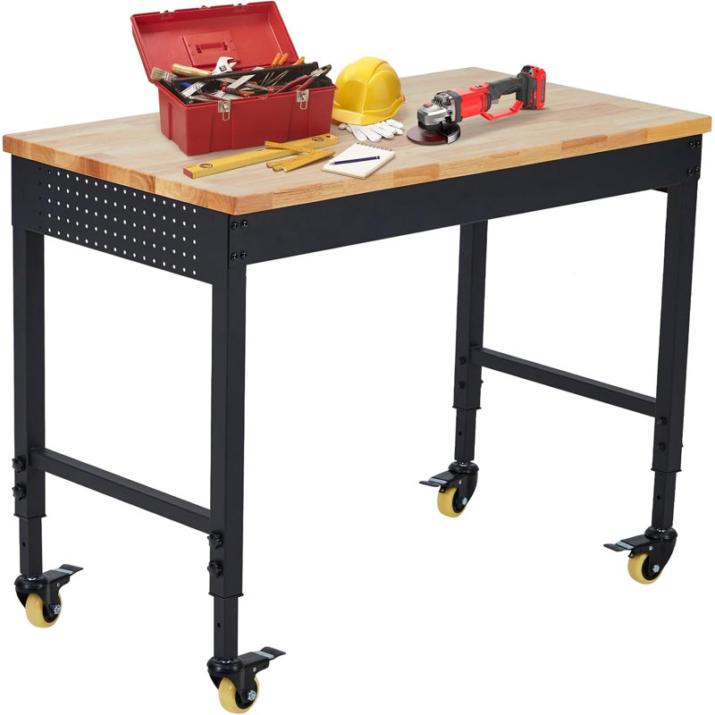 Adjustable Heavy Duty Workbench, 2000 LBS Load Capacity Rubber Wood Work Table with Pegboard Power Outlet and Lockable Wheels for Garage, Workshop, Office