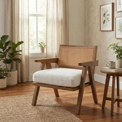 2 pièces chaise d'appoint Mid-Century moderne avec détails en rotin, fauteuil de salon rembourré en tissu, structure en bois et coussin moelleux pour le salon, la chambre à coucher, le balcon