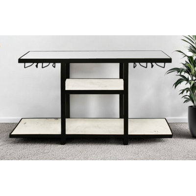 58" White and Black Genuine Marble Floor Shelf Console Table Two Shelves