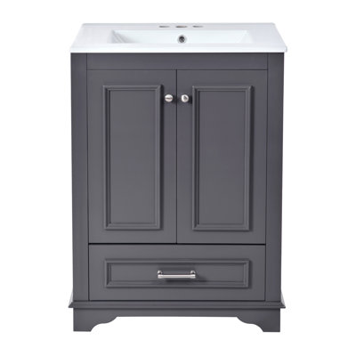 Meuble-lavabo autoportant moderne de 24 po avec lavabo en résine, portes à fermeture douce et grand espace de rangement