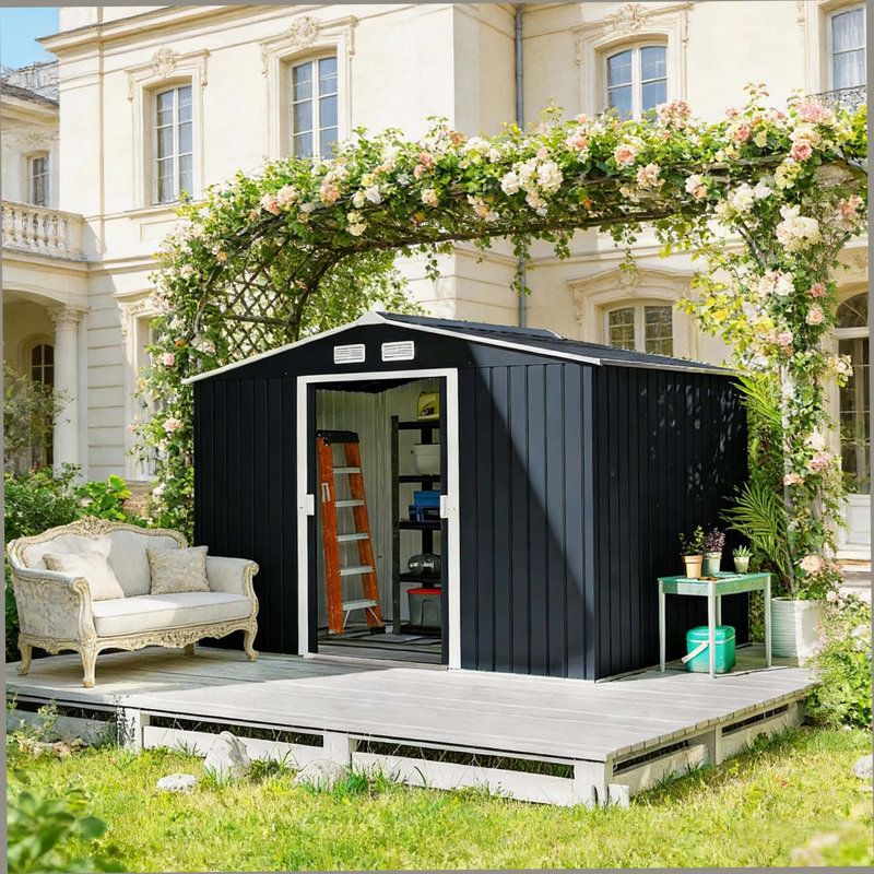 Remise de rangement extérieure spacieuse, remise à outils en métal, H 109 po x l 76,8 po x P 75,5 po, Gris foncé