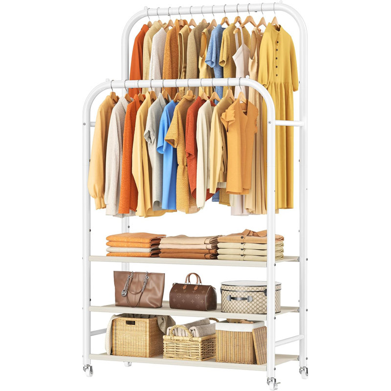 Double porte-vêtements à roulettes avec 3 tablettes en tissu anti-poussière, support à vêtements en métal robuste