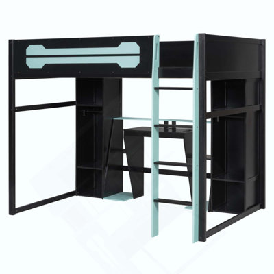 Lit mezzanine en bois avec bureau et rangement, lumière DEL RVB, station de charge USB, armoire et armoires intégrées, cadre de lit mezzanine peu encombrant pour la chambre à coucher