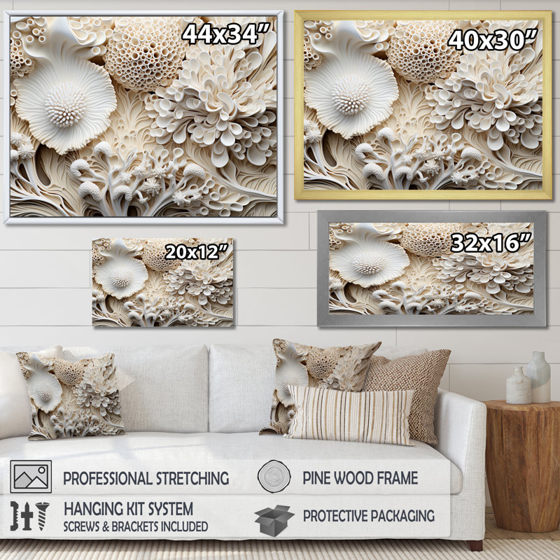 Collage abstrait de fleurs de corail II sur toile, H 24 po x l 32 po x P 1 po, Cadre flottant blanc