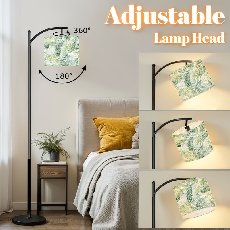 Lampe sur pied à arc avec abat-jour ajustable Lampe sur pied à motif de feuilles de palmier tropical vert et blanc rétro Vintage