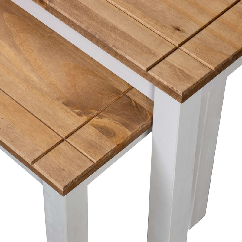Nesting Tables 2 Pcs Coffee End Table Solid Pine Wood Panama Range, Natural Top/White Base