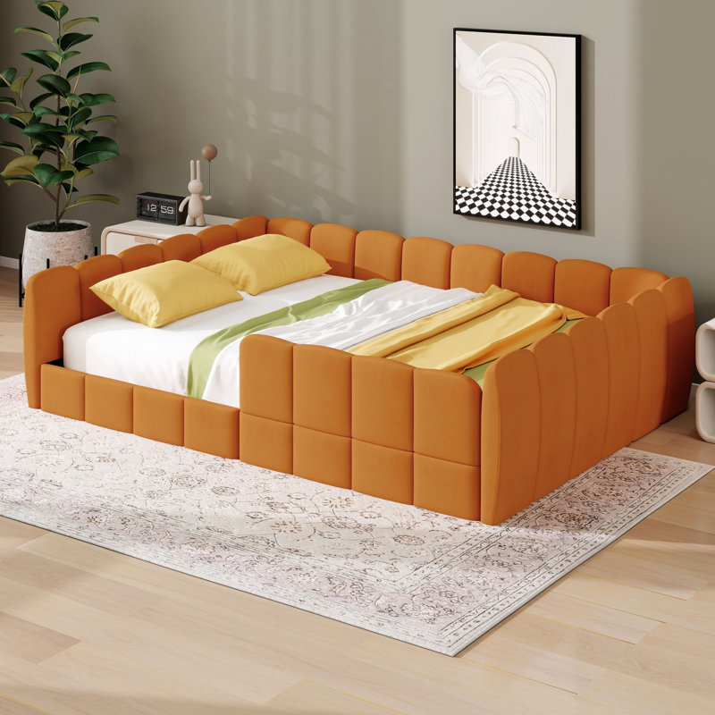 Lit tapissier en velours avec pieds cachés ultra-bas, structure minimaliste moderne, Pumpkin Orange