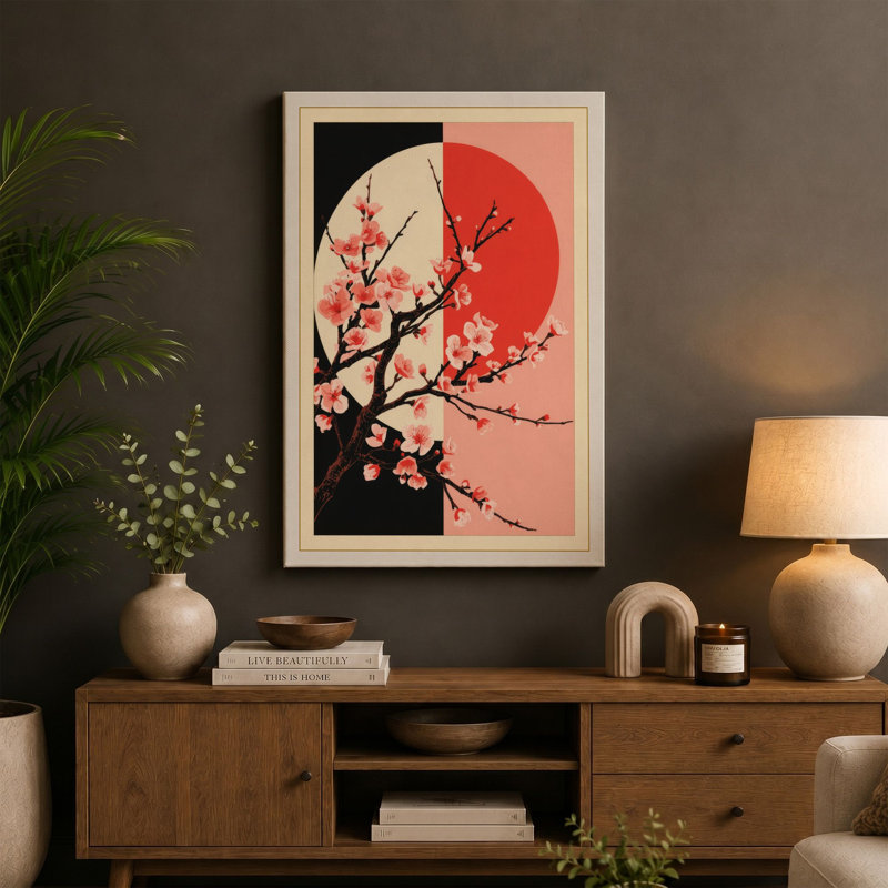 Moonlit Cherry Blossom Japandi - Wrapped Canvas, 30x20 - 76.2 x 50.8 cm, Black Border