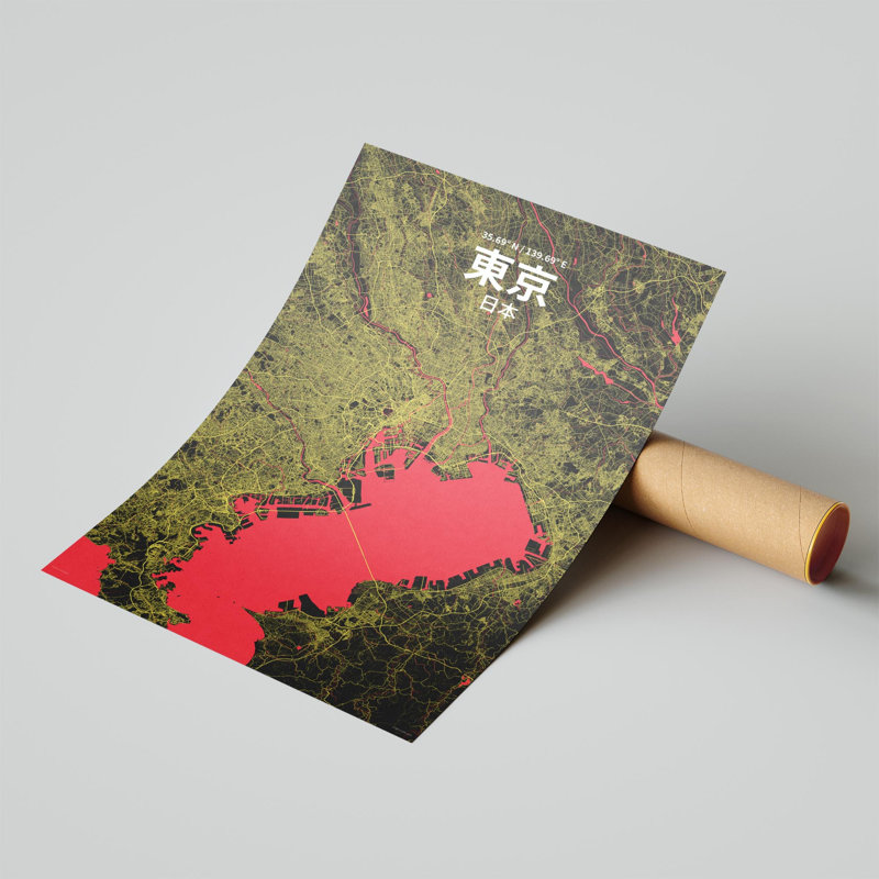 Carte de la ville de Tokyo (Japon), impression, H 17 po x l 11 po, Noir / rouge / jaune