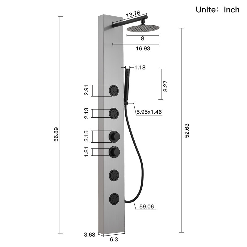Système de tour de douche à inverseur 3 voies avec pomme de douche réglable, Noir nickel