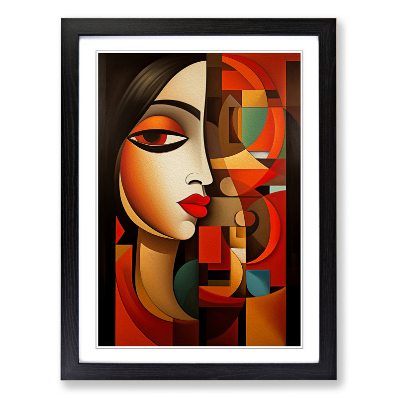 Indian Woman Cubism - Single Picture Frame Print on Wood, 46cm H x 34cm W x 2cm D, Black Framed