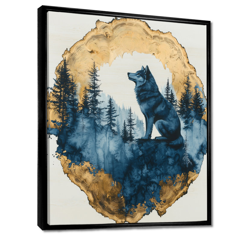 Gradys, loup doré dans un paysage de forêt bleue II - loup, art mural sur toile, Noir, Reproduction avec cadre flottant
