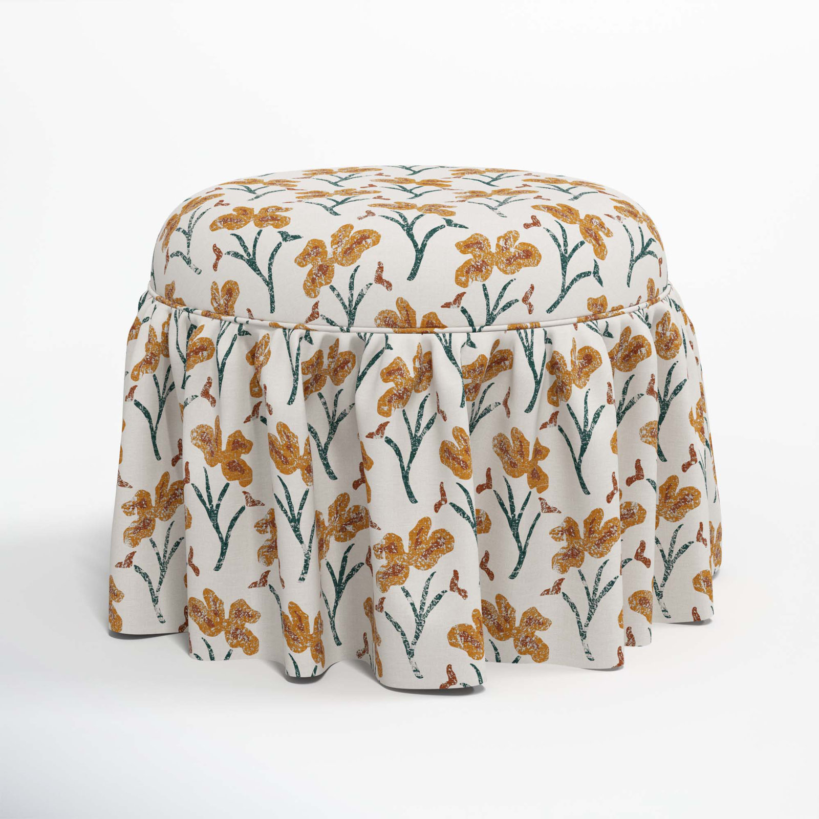 Jebb Upholstered Ottoman, Vanves Floral Ochre Teal