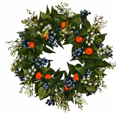 Couronne de porte artificielle 19,69 pouces, bleuet, orange, blanc, floral, couronne de verdure pour maison de campagne, décoration murale