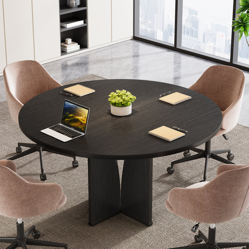 Table de conférence ronde pour 4 personnes Crownover, table de réunion en bois pour 4 personnes, Noir
