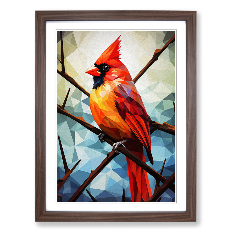 Cardinal Bird Geometric - Single Picture Frame Print on Wood, 34cm H x 25cm W x 2cm D, Walnut Framed