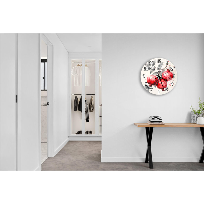 Horloge murale en verre trempé grenade, accent rouge, horloge à motif floral, horloge surdimensionnée, décoration murale moderne, pièce unique