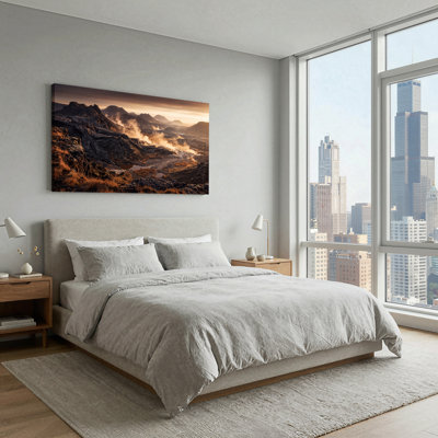 Rugged Volcanic Landscape With Steam And Golden Light Canvas Wall Art