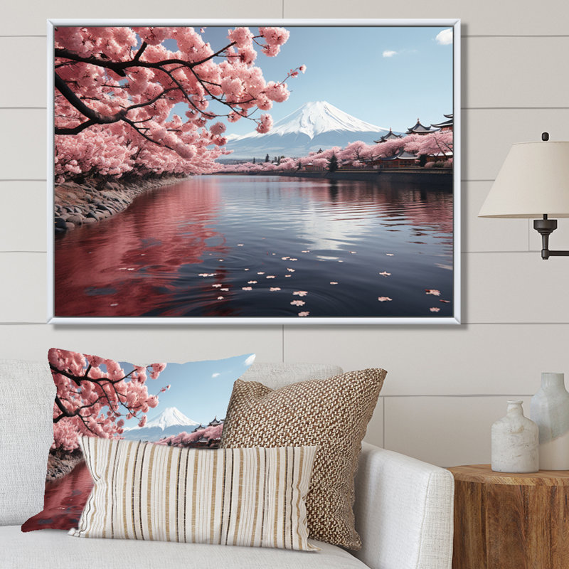 Japon Art Pink Mount Fuji V - Japan Art Canvas Prints, H 12 po x l 20 po x P 1 po, Cadre flottant blanc