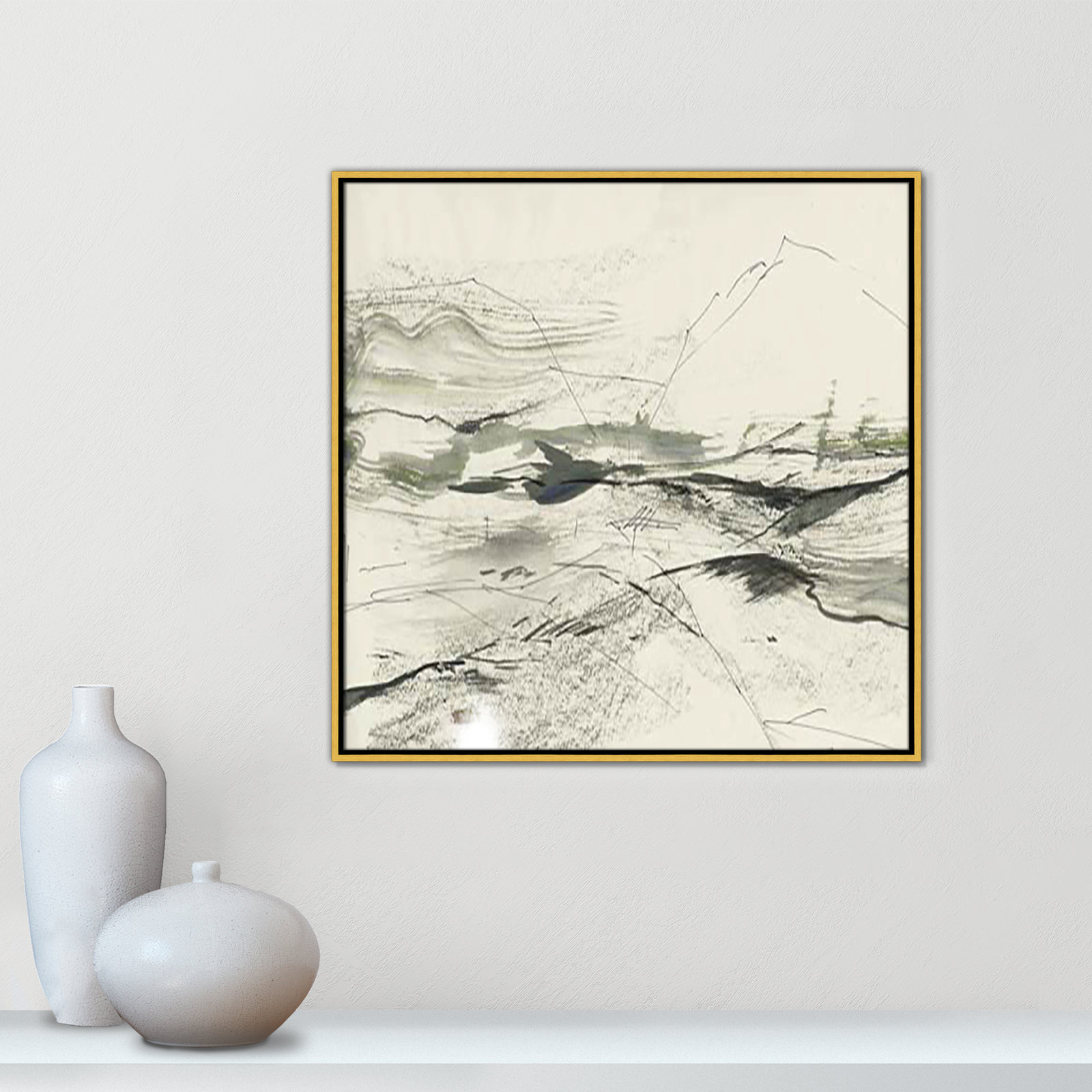 Green Sketches Print, 31.5" H x 31.5" W x 2" D, Gold Floater Framed