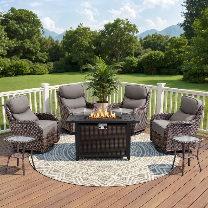 4 - Person Patio Furniture Chair Set With Fire Pit Table, 4 Swivel Glider Chairs With 6-Inch Cushions & Side Table, Brown