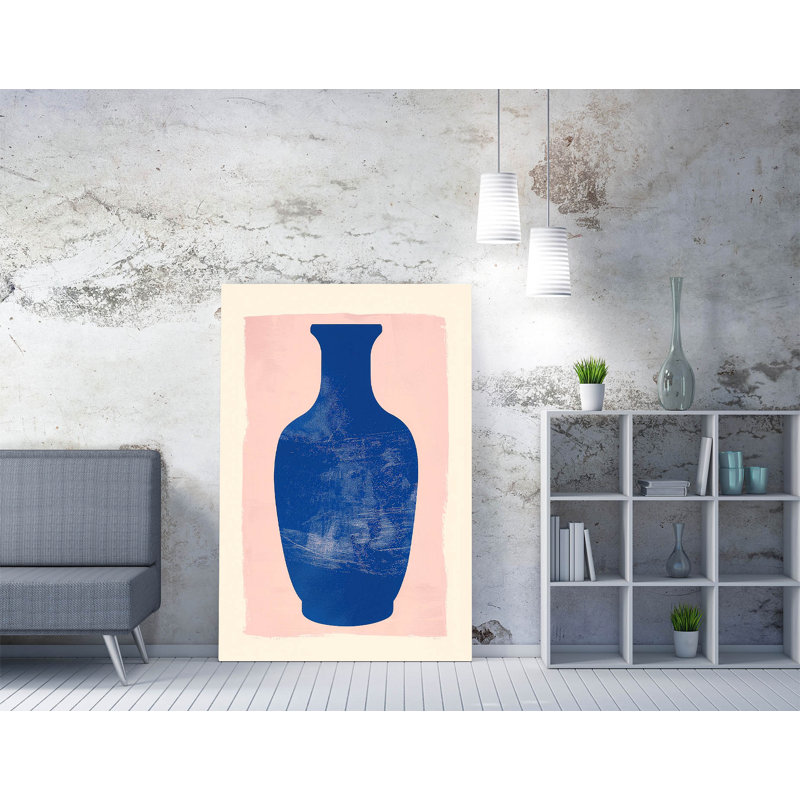 Rustic Cobalt Blue Vase on a Pastel Pink Background Canvas Wall Art Print Picture, 30.48cm H x 20.32cm W