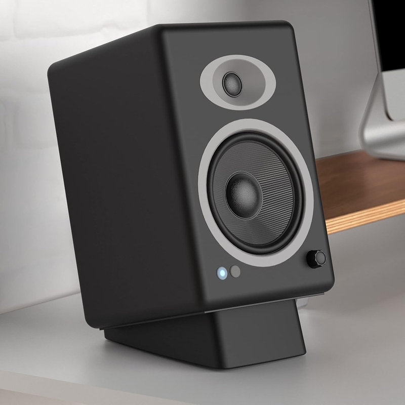Symple Stuff Desktop Speaker Stands Wedge, Desk Speaker Stands For Medium Speakers, Anti Vibration Silicone Angle Wedge Speaker Riser For Computer, Bookshelf, And Studio Speaker Stand, Black, Medium