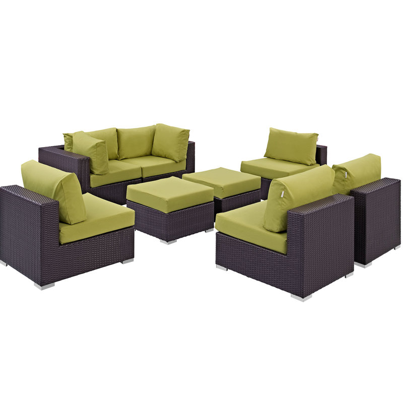 Ensemble de conversation modulaire en rotin 8 pièces avec coussins Convene, Espresso et péridot