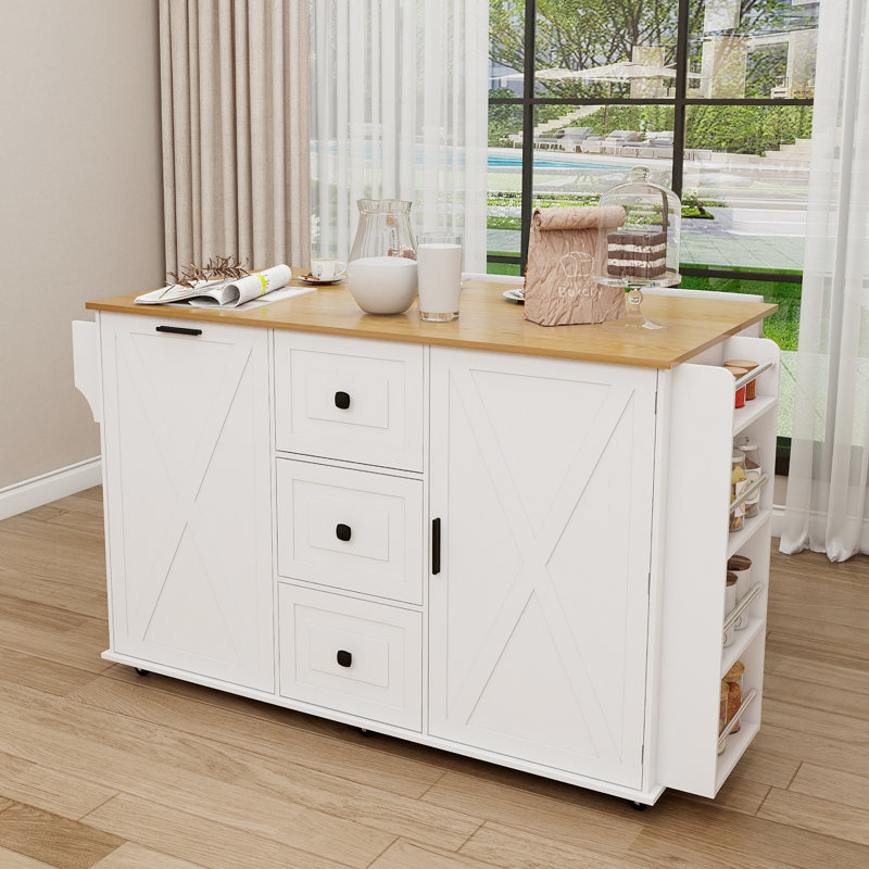 Îlot de cuisine roulant avec abattant, armoire à poubelle, tiroirs et rangement, blanc, Blanc