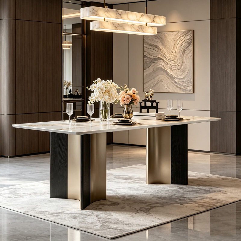 Table de salle à manger en pierre frittée avec un plateau rectangulaire, avec une base en acier gris avec une finition en grain de bois naturel; peut accueillir 4 à 6 personnes.