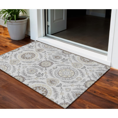 Tapis d'intérieur lavable à motif floral gris 3 pi x 5 pi