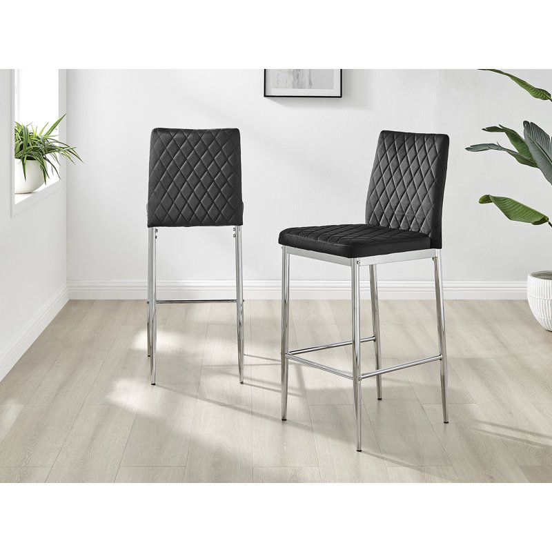 Kenesaw Luxury Breakfast Bar Stool in Quilted Design Velvet Leg - Modern Chic Kitchen, Black, Silver
