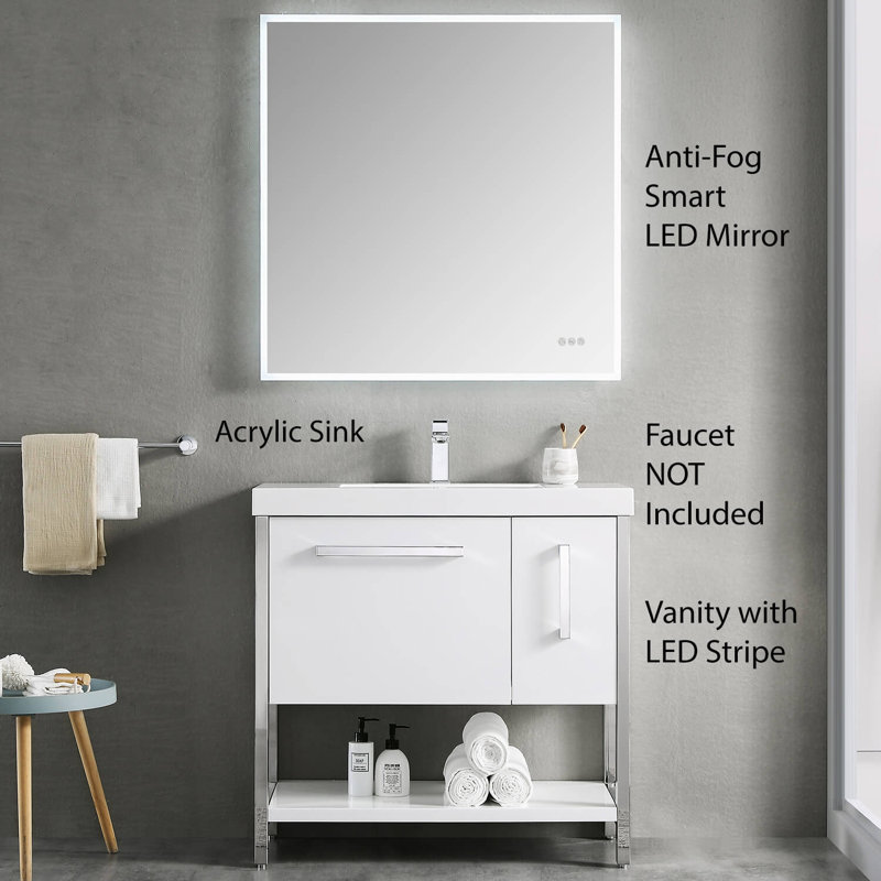 Ensemble de meuble-lavabo pour salle de bain simple 36 po ergonomique imperméable Herakleitos, Blanc lustré