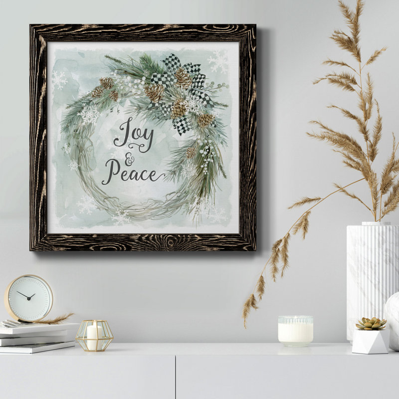 Joy and Peace Pine Wreath - cadre photo, art textuel sur toile, Cadre noir, H 34,5 po x l 34,5 po x P 1 po