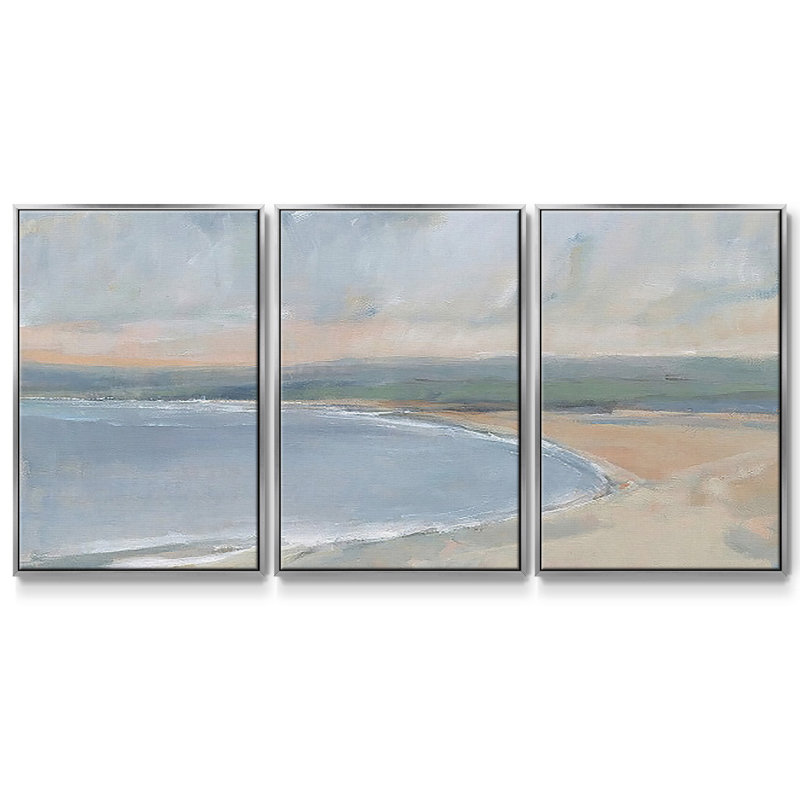 Étude côtière II, reproduction sur toile 3 pièces, Encadrement argenté, H 24 po x l 48 po