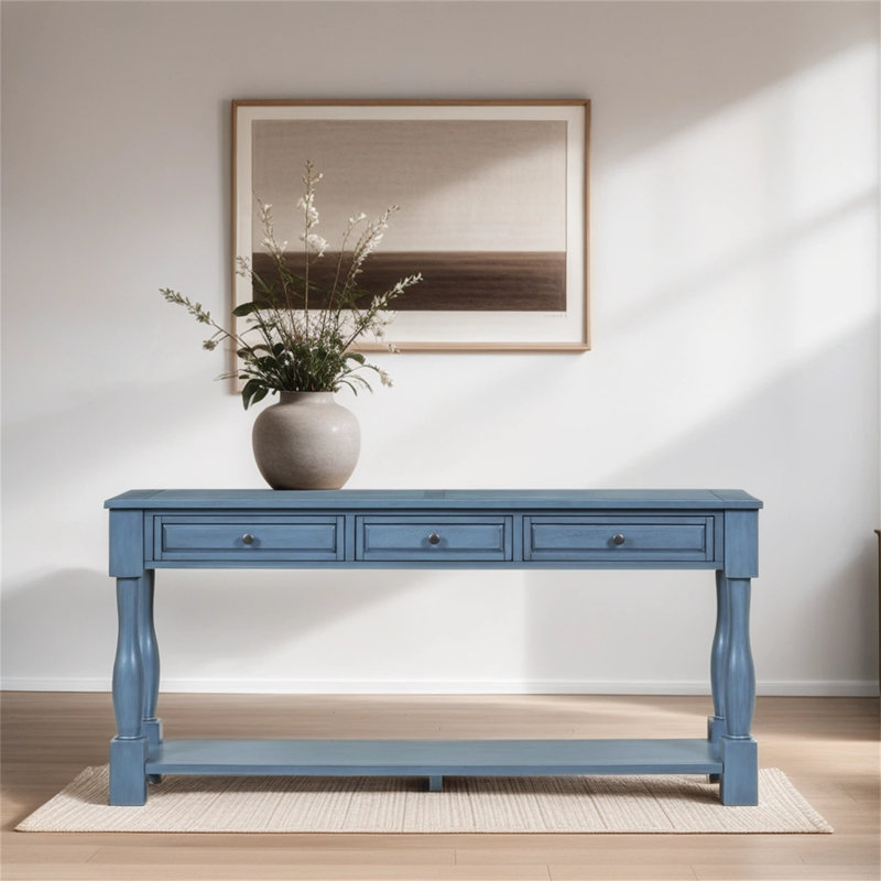 Console en bois massif de 63 po Adilen, Bleu marine