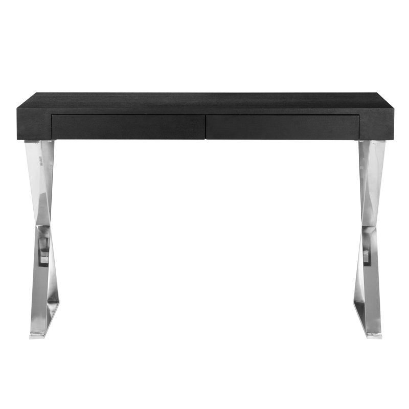 Alexa Contemporary Black Wood top Writing Desk with Polished Steel/Metal X-Base and 2 Storage Drawers, Black/Silver