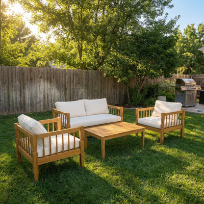 4-Piece Teak Acacia Patio Conversation Set with Beige Cushions