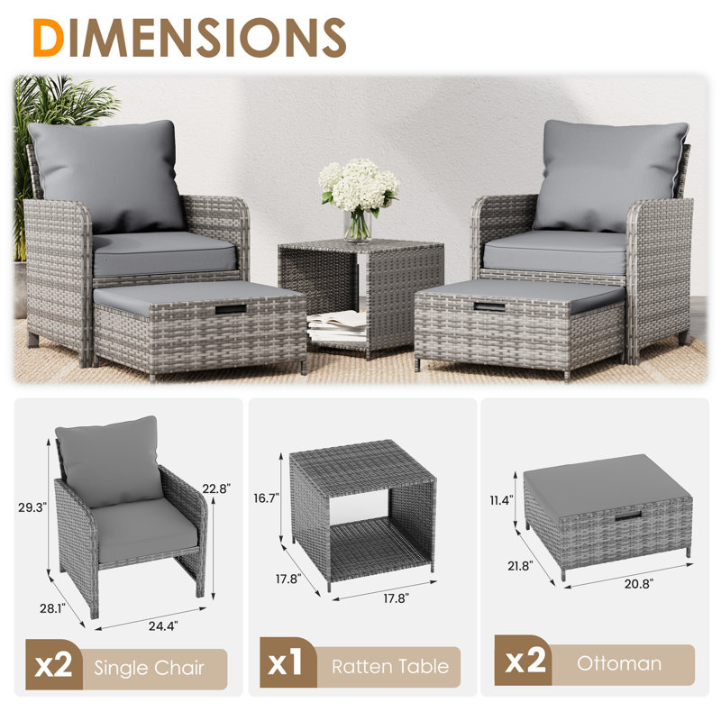 Idamarie Wicker Conversation Set with Ottoman , Gray, Gray