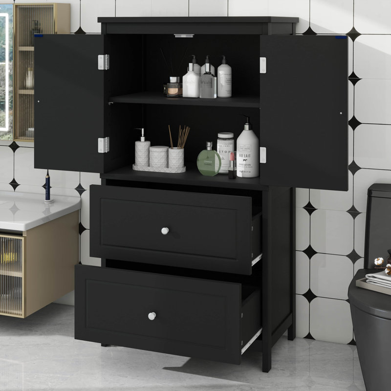 Armoire de rangement sur pied avec 2 tiroirs et 2 portes réglables, Noir