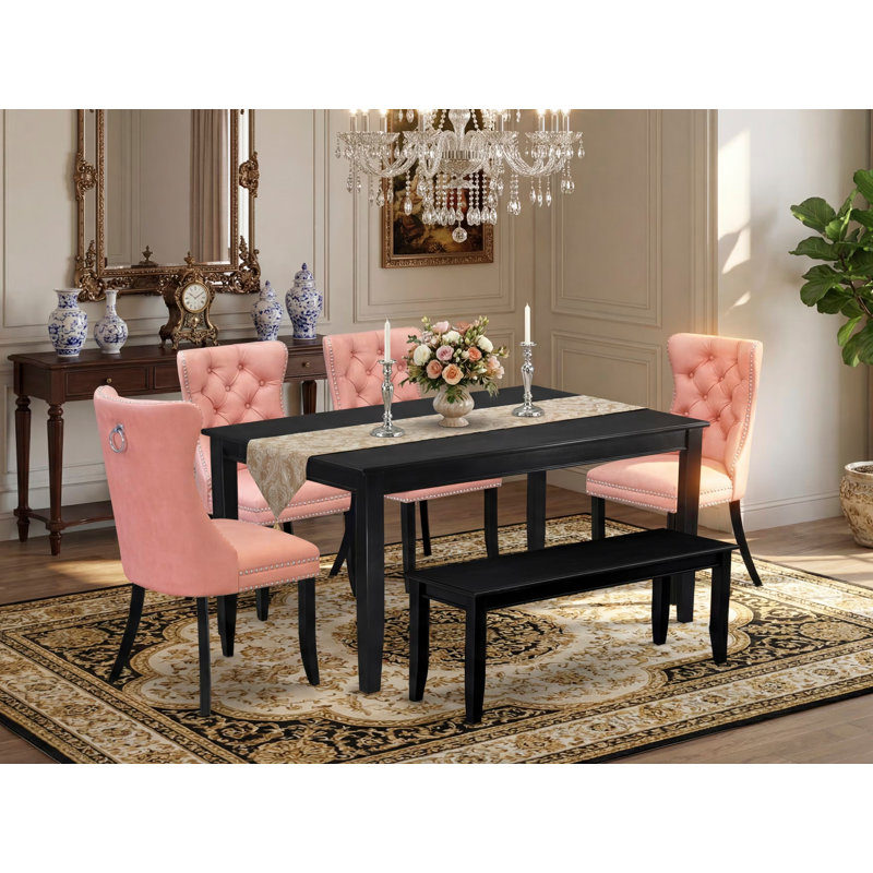 1B0599A185BA4C9C831B5D083E8AFDFA Ensemble de salle à manger 6 pièces composé d'une table de cuisine rectangulaire et de 4 chaises rembourrées avec banc, noir