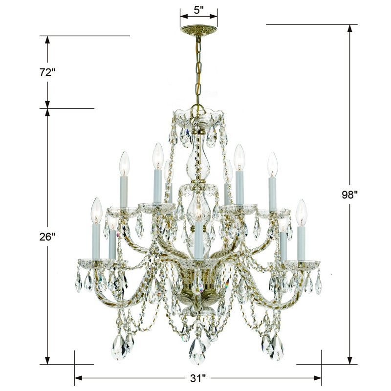 Lustre étagé de style bougie à 12 lumières Eivind, Strass Swarovski, Laiton poli
