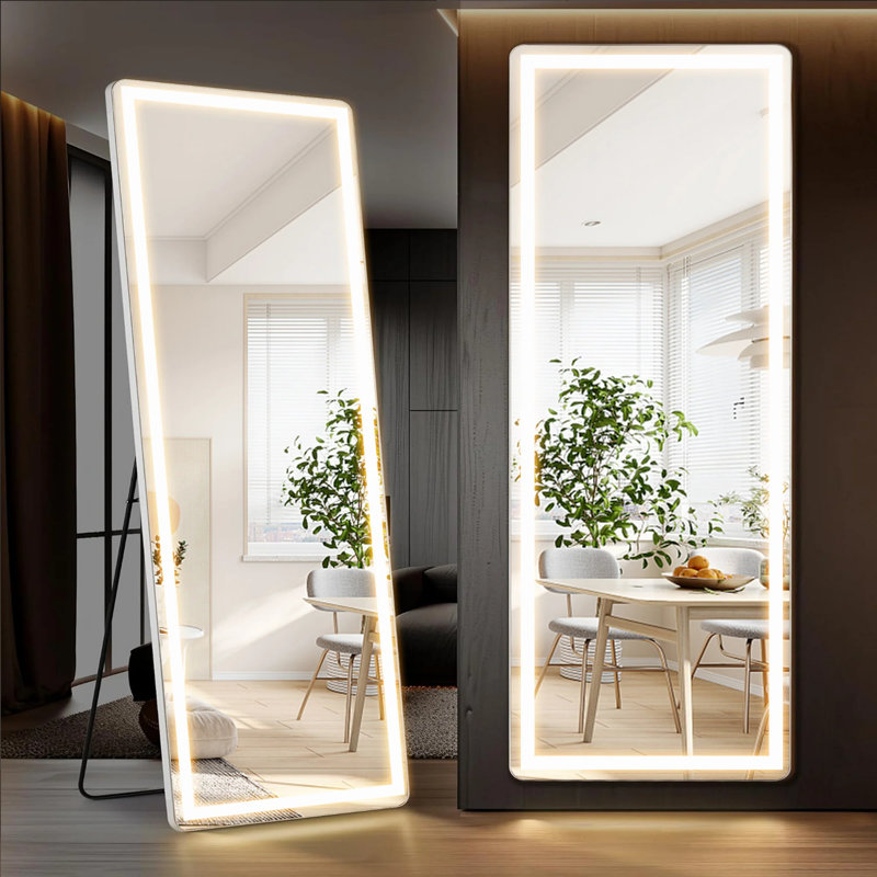 Mirror Full Length With LED Lights,Full Body Wall Mirror, Lighted Floor Standing Mirror, Hanging Or Leaning W/Dimming 3 Color Lighting, Tall Mirror For Modern Home Decor