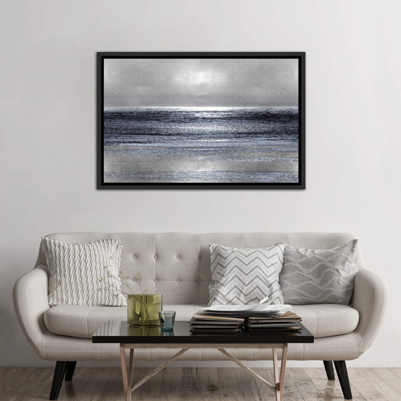 « silver seascapes iii » par michelle matthews-print, H 32 po x l 48 po x 1,5 po, Toile avec cadre noir
