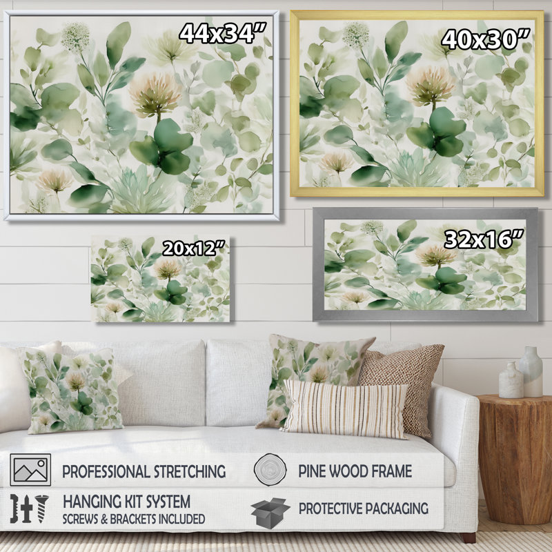 «Watercolor Greenery Sage Watercolor - Plants», impression sur toile botanique verte, H 28 po x l 60 po, Cadre flottant, Brun