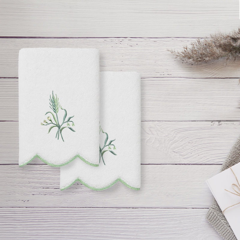  Ensemble de serviettes 100% coton festonné 100% coton festonné WHITNEY, Blanc/vert, Serviettes à doigts - paquet de 2